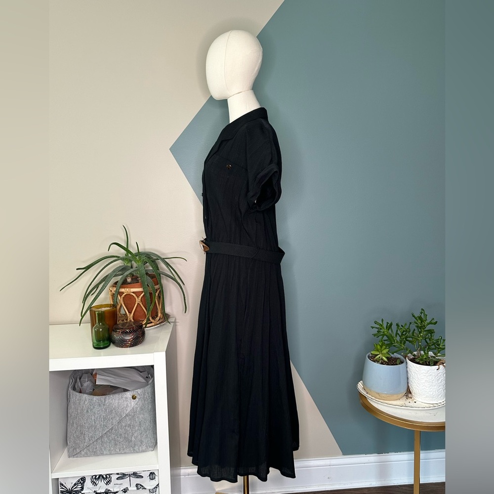 Vintage G Collection Black Cotton Shirt Dress USA 18 Belted Midi Fit & Flare - Picture 3 of 13